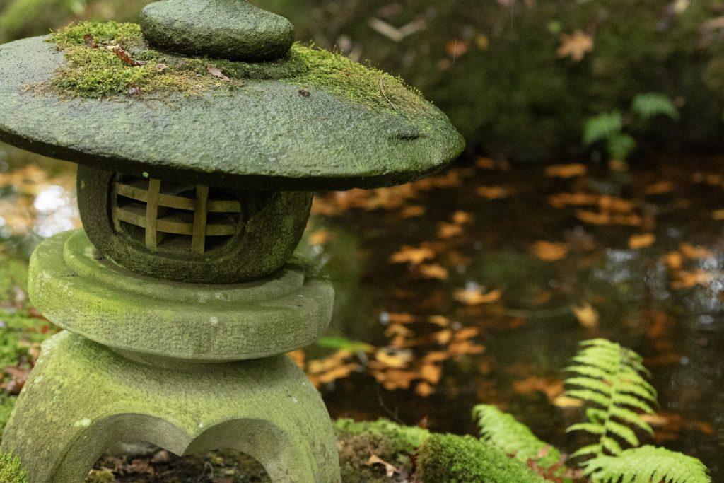 Japanse Tuin in de herfst. Ornament bij het water.